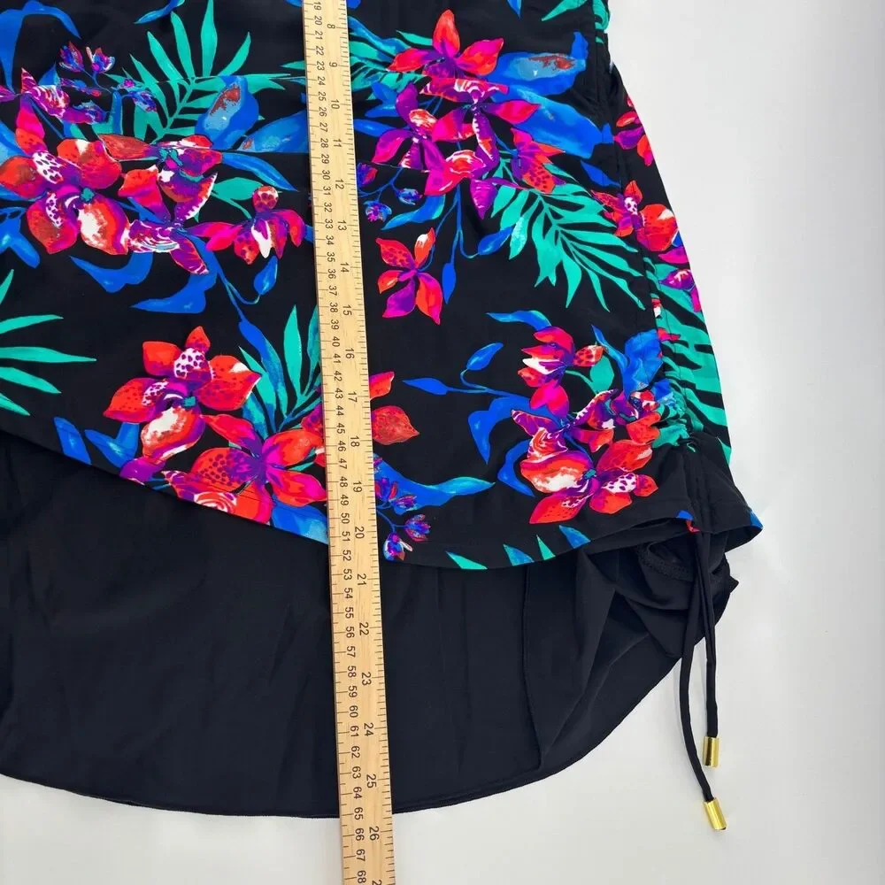 Shore Shapes Swimdress Women 16 Black Floral‎ New Asymmetrical Side Cinch sides